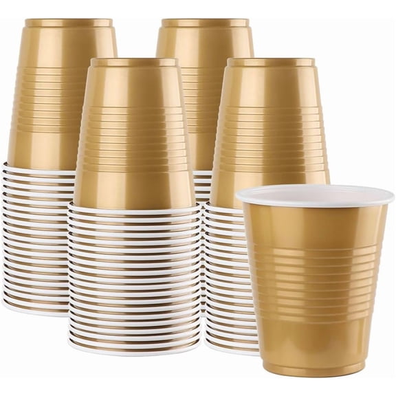 100Pack Disposable Plastic Cups, Gold Disposable Cups, 12 Ounce Plastic Party Cups, Strong and Sturdy Disposable Cups for Party, Wedding, Christmas, Halloween Party Cup, (Gold, 12OZ)