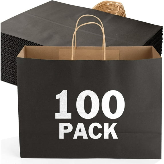 100Pack Kraft Paper Bags with Handles Bulk, 16x6x12 Inch Black Paper Bags, Kraft Shopping Bags for Small Business Merchandise,Wedding Party Favor Bags