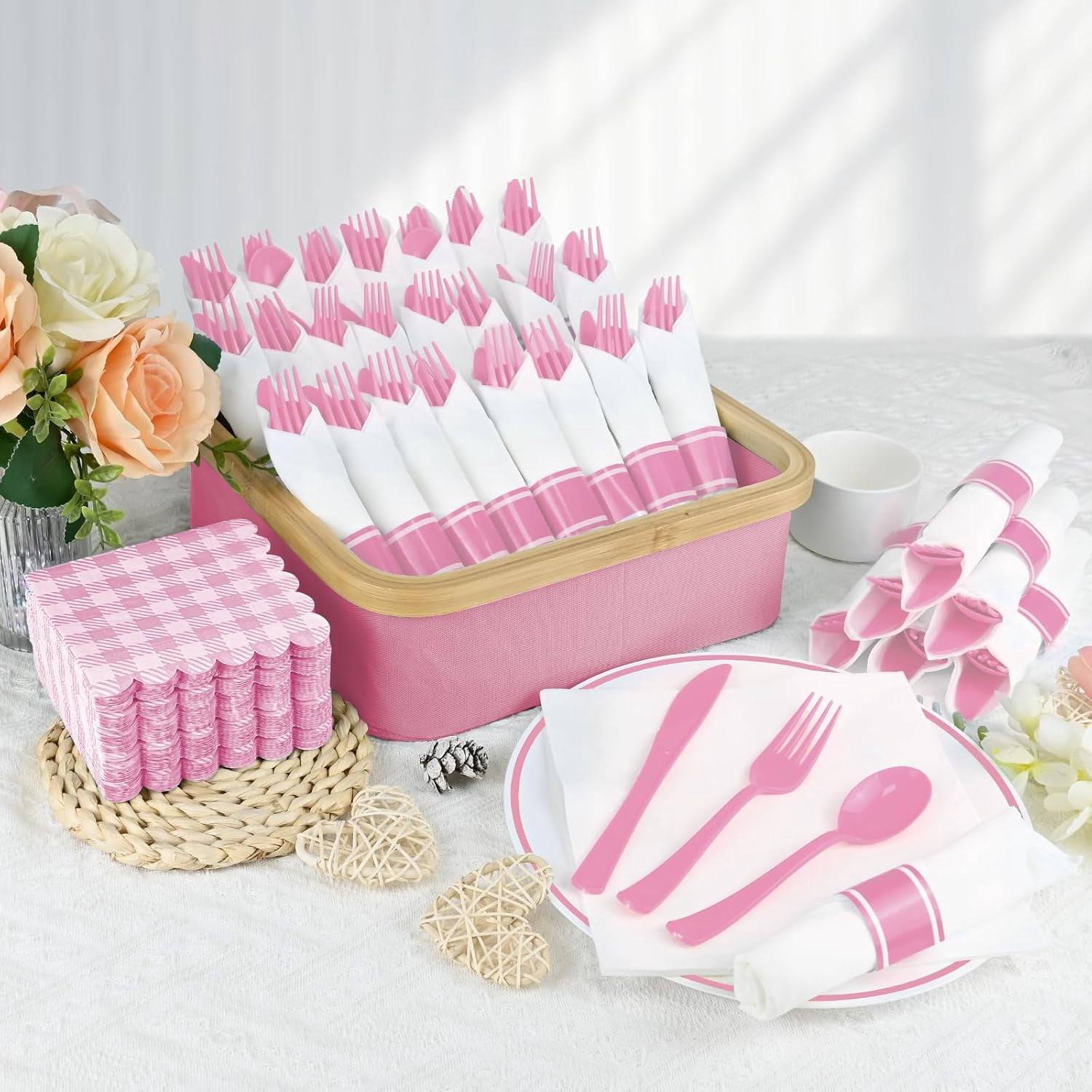 100Pack Pink Pre Rolled Plastic Silverware - Wrapped Pink Plastic ...