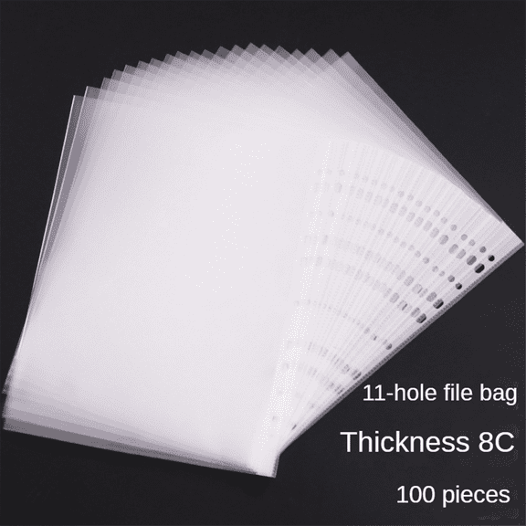100Pages A4 Punched Pocket, Clear 11-Hole Sheet Protector Binder Pocket Paper File Letter Sheet Binder Sleeves 8 Silk