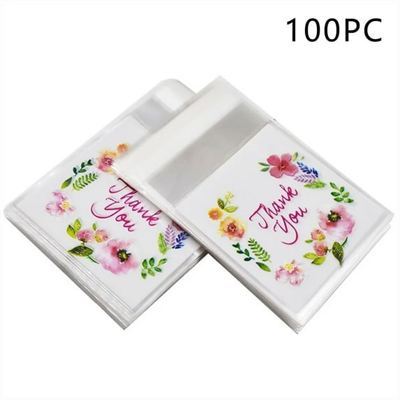 100Pc Candy Biscuits Gift Packaging Bag Clearance! 100 Pcs Floral 'Thank You' Candy Bags Clear Plastic Packaging with Colorful Flower & Script Design Ideal for Giving Wedding