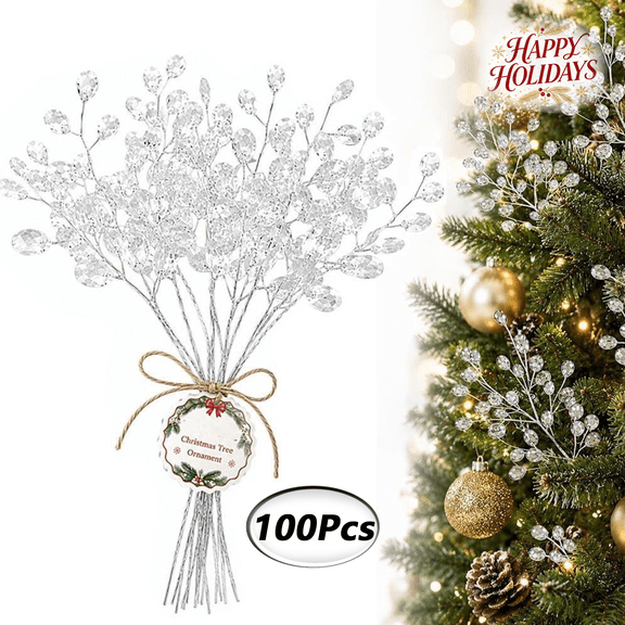 100Pc Clear Crystal Branch Christmas Tree Ornament Decoration, Festive Tree Display, Farmhouse Style Indoor Xmas Home Accent Decor for Wreath & Holiday Ornament