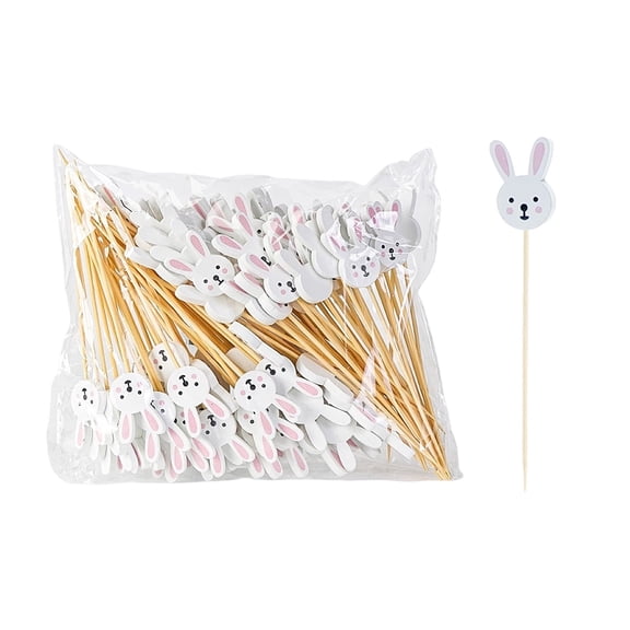 100Pc Easter Disposable Bamboo Fruit Picks With White Bunny Toppers Perfect For Decorating Fruit Platters Cupcakes Or Party Snacks