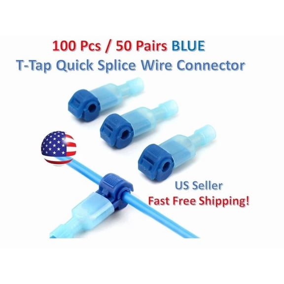 100Pc Insulated 16-14 Awg T-Taps Quick Splice Wire Terminal Connectors Kit Blue