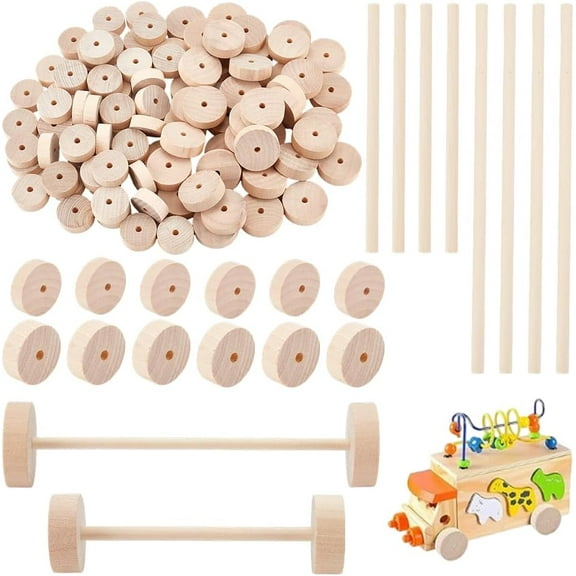 100Pcs 1.1 Inch 1.4 Inch Wooden Craft Wheels with 100 pcs Axle Pegs Unfinished Birchwood Car Tires with 5mm Hole Round