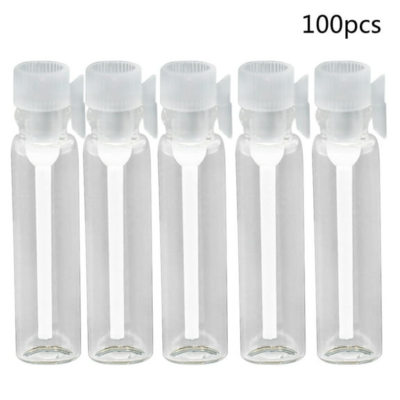 100Pcs 1/2/3ml Mini Clear Empty Glass Bottle Tube Perfume Sample Vials with Plastic Rod Cap for Essential Oil Aromatherapy Fragrance Liquid