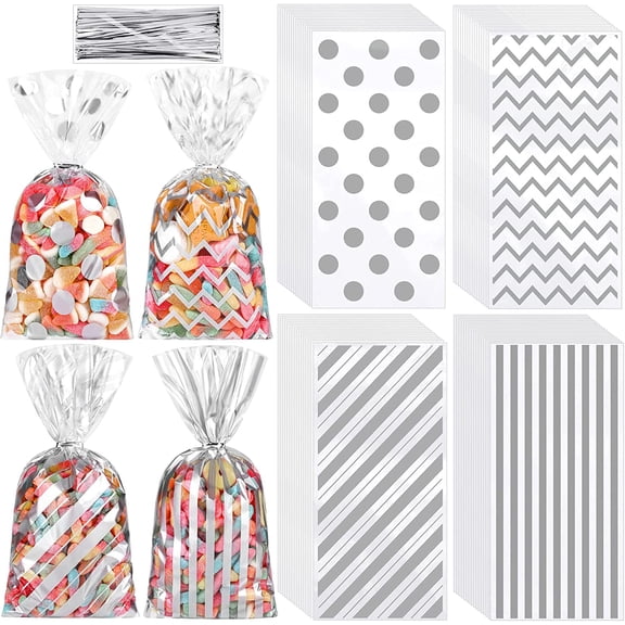 100Pcs 10.6×5.1 Inch Silver Striped Polka Dot Cellophane Treat Bags with Twist Ties, Candy Goodie Bags for Birthday & Wedding Party Favors