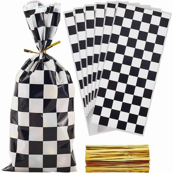 100Pcs 10.8 x 4.9 Inch Race Car Gift Bags Cellophane Goodie Bags with Wire Ties Black and White Checkered Tartan Pattern Small Rectangle Plastic Pouches