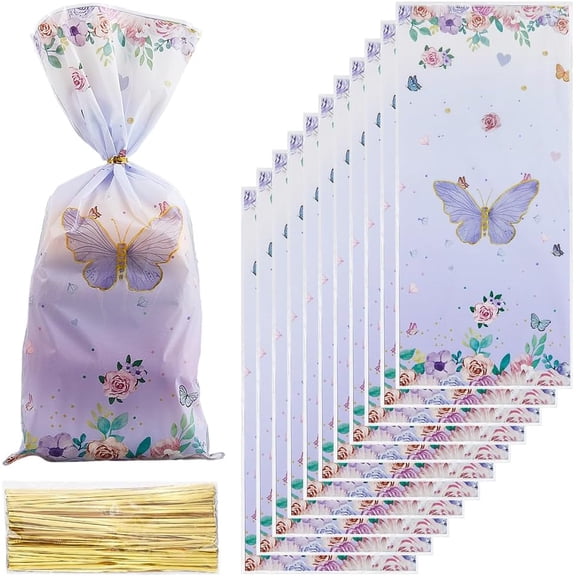 100Pcs 10.9 x 4.9 Inch Treat Pouches Cellophane Small Butterfly Party Favor Bags with 100 Gold Twist Ties Goodie Sack Food Storage for Cookies Soap Candy Bakery Event Party Birthday Supplies Colorful