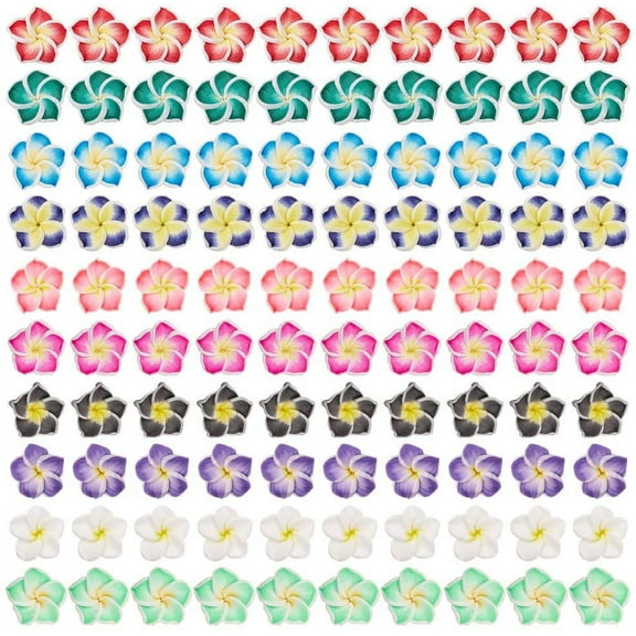 100Pcs 10 Color Polymer Clay Flower Beads Plumeria Flower Spacer Loose Beads 15x8mm 5 Petal Floral Spacer Charm Beads with Hole