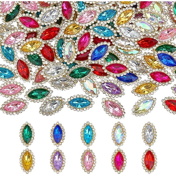 100Pcs 10 Colors Horse Eye Sew on Rhinestone Acrylic Glass Rhinestone Golden Iron Base Mixed Color 19.5x11.5x5.5mm Hole: 3.5x1.5mm DIY