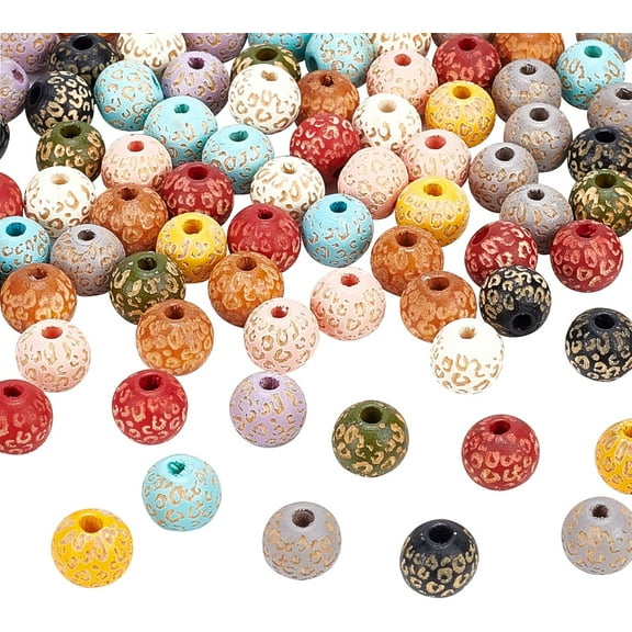 100Pcs 10 Colors Painted Natural Wood Beads Laser Engraved Pattern Round with Leopard Print Mixed Color 10x8.5mm Hole: 2.5mm