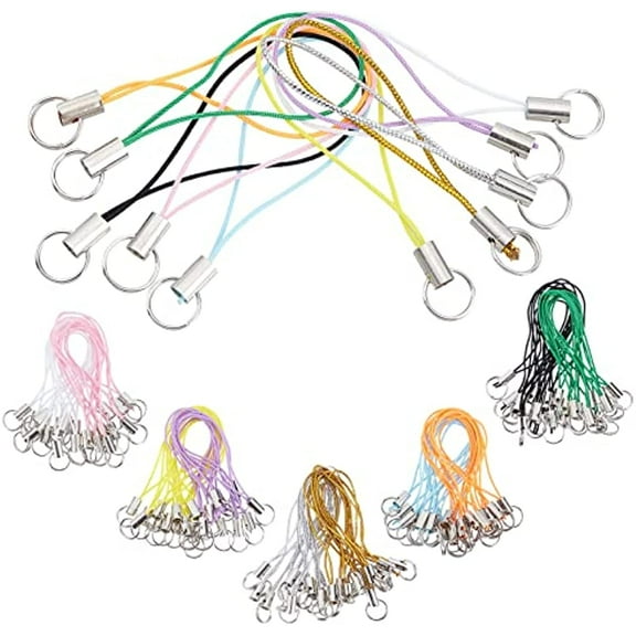 100Pcs 10 Colors Phone Keychain Strap Sliver Tone Split Ring Cords Colorful Polyester Cellphone Charms Lanyard String for Mobile Phone Lariat USB Drive DIY Decorations Supplies