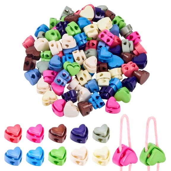 100Pcs 10 Colors Plastic Cord Locks Double Hole Drawstring Stopper Fastener Buttons Heart Mixed Color 16.5x19.5x14mm Hole: 5x4mm 10pcs/color