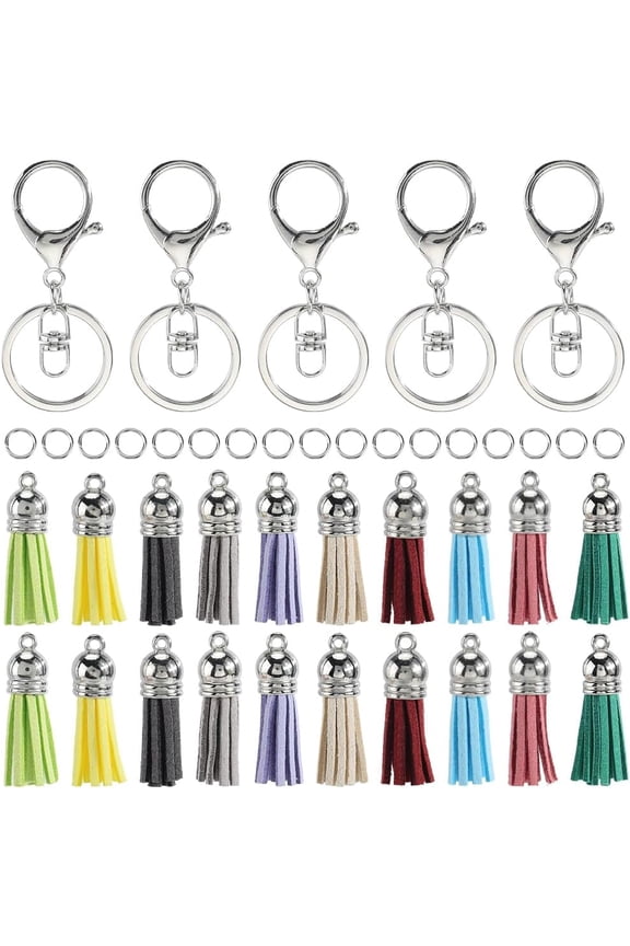 100Pcs 10 Colors Tassel Keychain Kit Silver Key Chain with Tassel Suede Leather Bulk Jump Rings Jewelry Accessories for Adult Keychains Making Supplies DIY Cellphone Strap Earring Craft for DIY