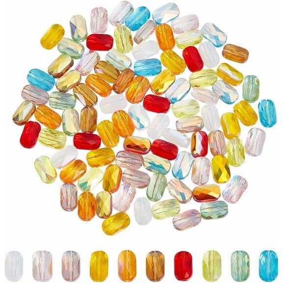 100Pcs 10 Colors Transparent Electroplate Glass Beads AB Color Faceted Rectangle Mixed Color 7x4.5x3.5mm Hole: 1.2mm 10pcs/color for DIY