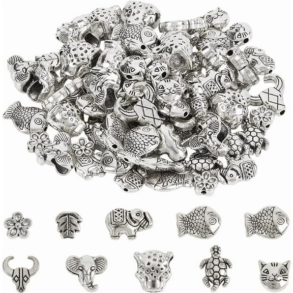 100Pcs 10 Styles Animal Spacer Beads Metal Sea Turtle Bead Tibetan Vintage Silver Flower Cattle Fish Cat Elephant Bead Charms for Jewelry Making Beading Necklaces Bracelets DIY Crafts
