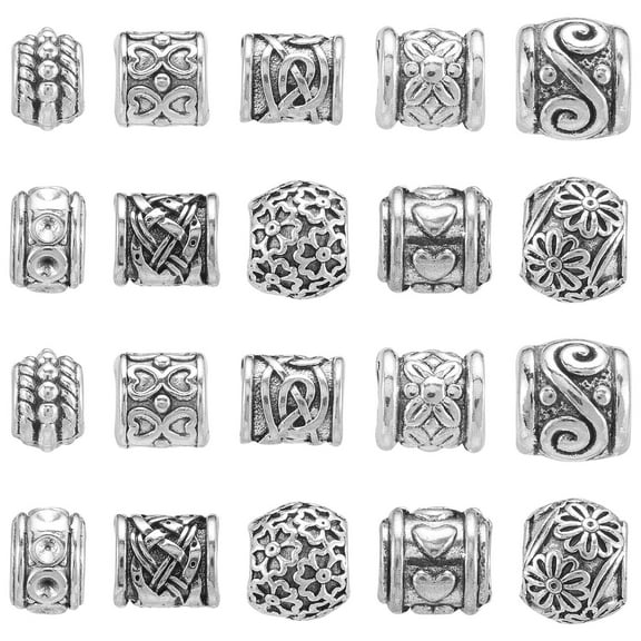 100Pcs 10 Styles Antique Silver European Large Hole Beads Tibetan Totem Beads for Bracelets Jewelry Making