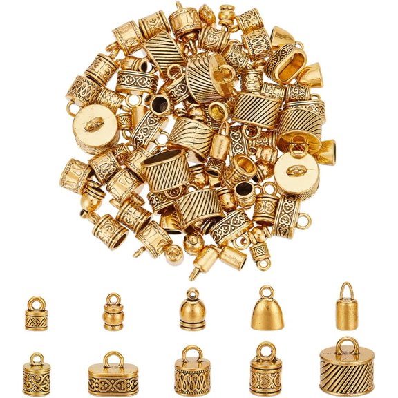 100Pcs 10 Styles Cord End Cap Alloy Leather Cord End Tibetan Style Cap Metal Bead Tube Barrel Loop Clasp DIY Craft Making Antique Golden