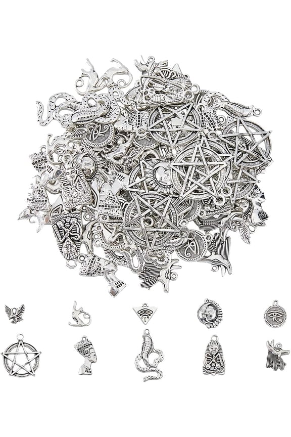 100Pcs 10 Styles Egyptian Jewelry Charms Tibetan Style Alloy Pendants Silver Metal Charms Versatile Small Mysterious Charms for DIY Jewelry Making Hole: 1-3mm Silver
