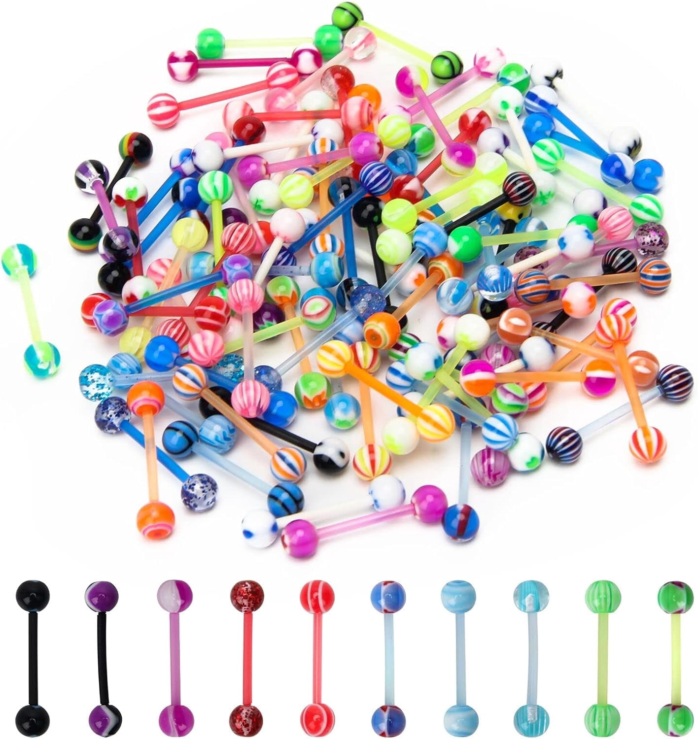 MallGoodies Acrylic Tongue Rings - 10 Pack, 14G 5/8" Bars With Star Design & Colors