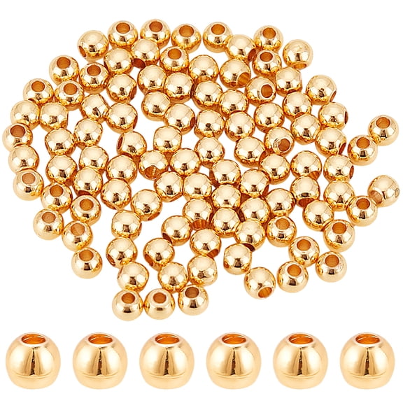 100Pcs 14K Gold Plated Beads 3mm Gold Ball Brass Tiny Beads Smooth Metal Spacer Beads Rondelle Loose Spacer Beads Bracelet Beads