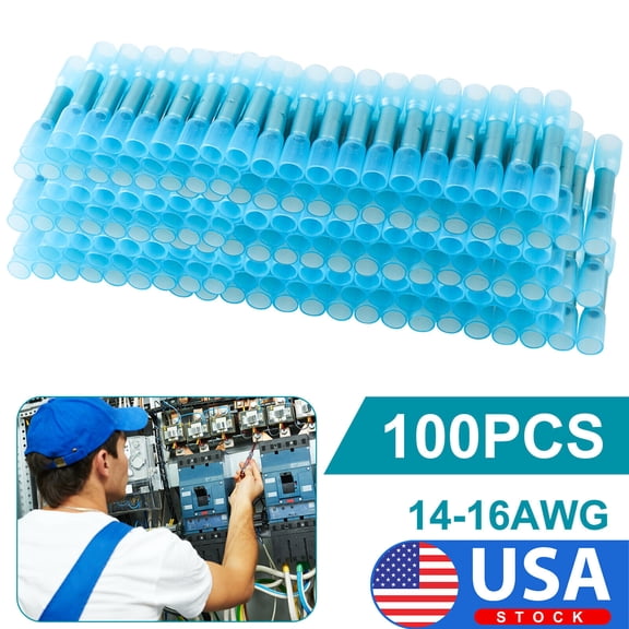 100Pcs 16-14 AWG Heat Shrink Butt Wire Splice Seal Connector Crimp Terminals Kit