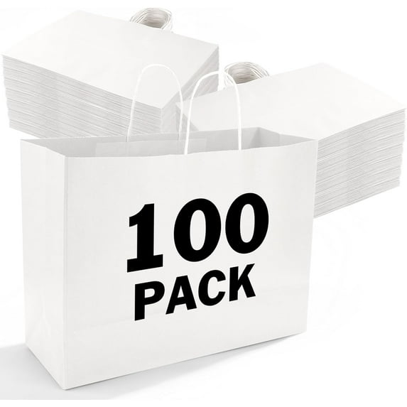 100Pcs 16x6x12 Inches Large Paper Bags with Handles Kraft Paper Bag Gift Bags with Handles Shopping White Paper Bag for Business Merchandise Wedding Party Favors