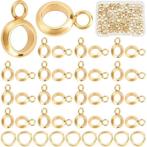 100Pcs 18K Gold Plated Column Bail Beads Stainless Steel Hanger Links Tube Hanger Connector Links with Brass Jump Ring for DIY Bracelet Pendant Dangle Necklace Jewelry Making Craft Supplies for DIY