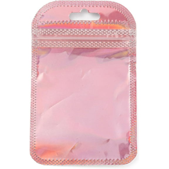 100Pcs 2.5x4.3 inch Plastic Glitter Holographic Packaging Zip Lock Bags Cellophane Bags Top Self Seal Pouches for Gift Packaging Treats Favors Pink Thickness: 2.5 Mil(0.065mm)