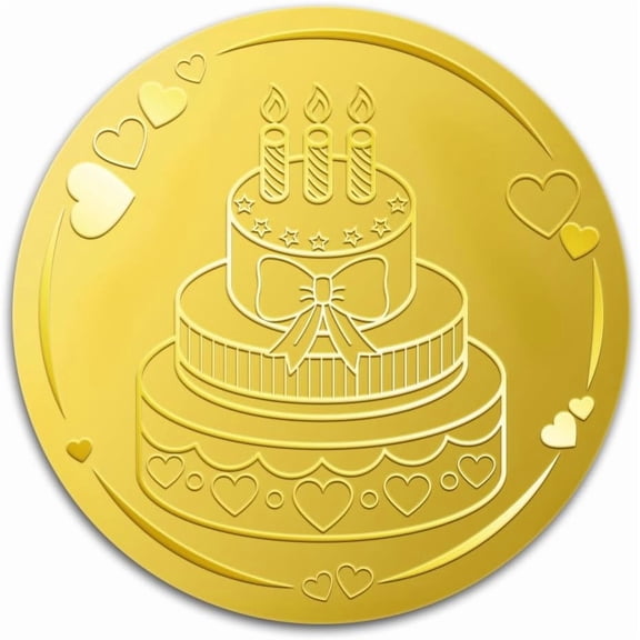 100Pcs 2" Birthday Cake Gold Foil Seal Stickers Birthday Seals Embossed Foil Stickers Self Adhesive Seals Sticker Round Labels for Birthday Invitation Cards Sealing Gold