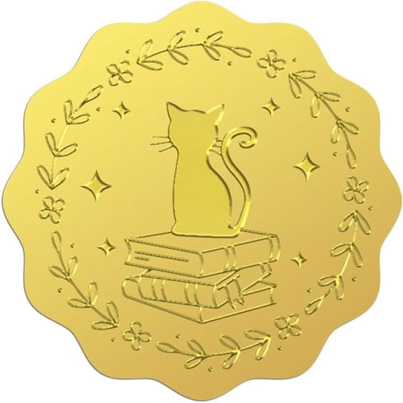 100Pcs 2'' Cat Book Star Gold Foil Seals Embossed Sticker Animal Round Envelope Sticker Self Adhesive Embossed Seal Label for Envelopes Invitations Card Diploma Award Graduation Celebration DIY Hat