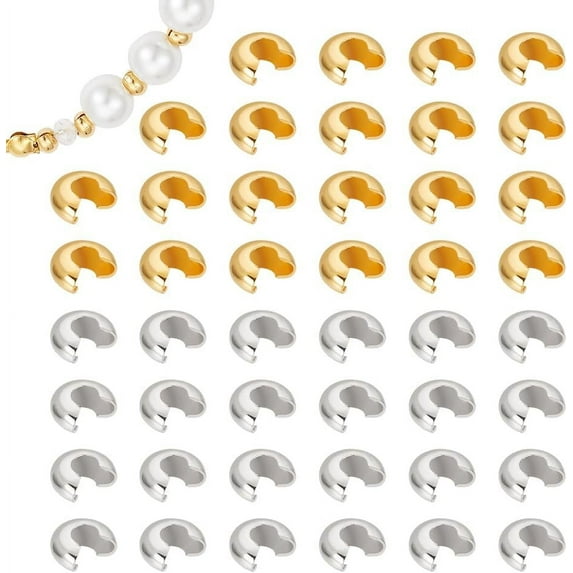 100Pcs 2 Colors 304 Stainless Steel Crimp Beads Covers Metal Half Rondelle Open Spacer Beads Small Smooth Loose Round Beads s Golden Crimping Beads