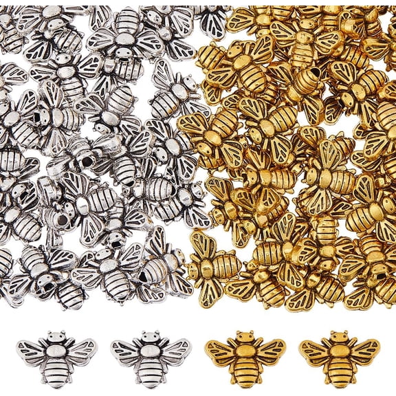100Pcs 2 Colors Bees Spacer Bead Charms Alloy Bee Beads Metal Bee Shape Spacer Beads Silver And Golden Honeybee Pendants Bead for Earring Bracelet Anklet Necklace Colorful DIY