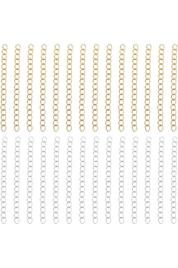 100Pcs 2 Colors Chain Extender for Jewelry Making 18K Gold Sterling Silver Plated 304 Stainless Steel Tail Extension Chain for Bracelet Necklace DIY 2 Inch Metal Mixed Color