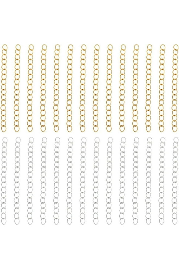 100Pcs 2 Colors Chain Extender for Jewelry Making 18K Gold & Sterling Silver Plated 304 Stainless Steel Tail Extension Chain for Bracelet Necklace DIY 2 Inch