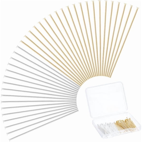 100Pcs 2 Colors Flat Head Pins 24K Gold Plated Straight Head Pin 30mm Wire Pins Metal End Head Pins Findings Wire Headpins Earring DIY Making Pins for Jewelry Making Colorful DIY