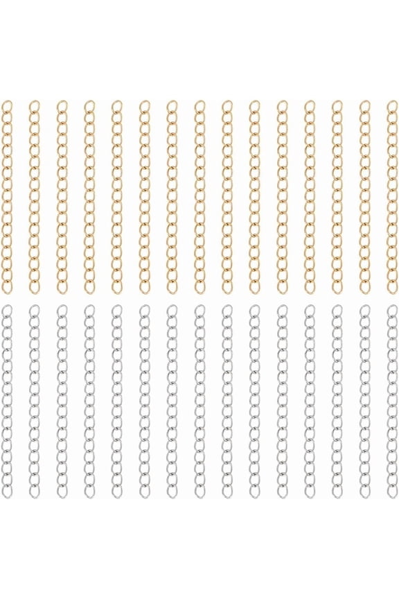 about 100Pcs 2 Colors Golden Chain Extension Stainless Steel Necklace Bracelet Anklet Extender Chain Soldered Extender Steel Chain Extension Tails for Jewelry Making 47-53mm Mixed Color