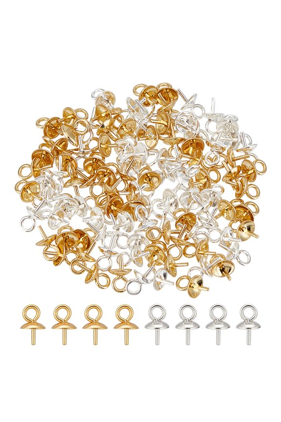 100Pcs 2 Colors PVD Vacuum Plating 304 Stainless Steel Cup Pearl Peg Bails Pin Pendants Long-Lasting Plated For Half Drilled Beads Golden & Silver DIY