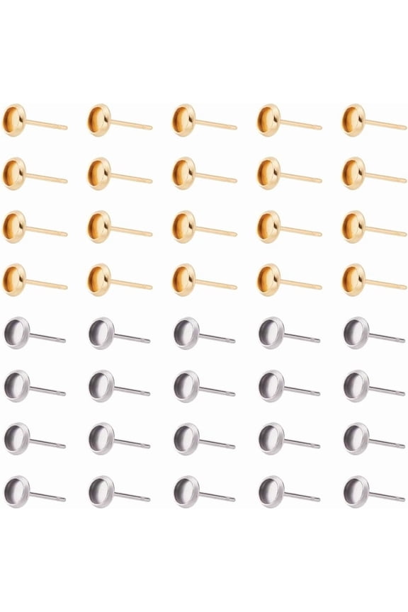 100Pcs 2 Colors Round Bezel Earring Flat Round 304 Stainless Steel Stud Earring 4mm Tray Metal Stud Earrings Blank Earrings Bezel Post Cup for Jewelry Making for DIY