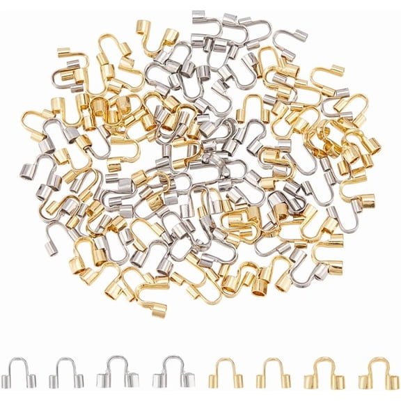 100Pcs 2 Colors Stainless Steel U Shape Guards Cable Protectors 18K Gold Plated Wire Guardians Thread Protector Loop Guardian for Necklaces Bracelets Jewelry Craft Making Hole 1-1.6mm for DIY