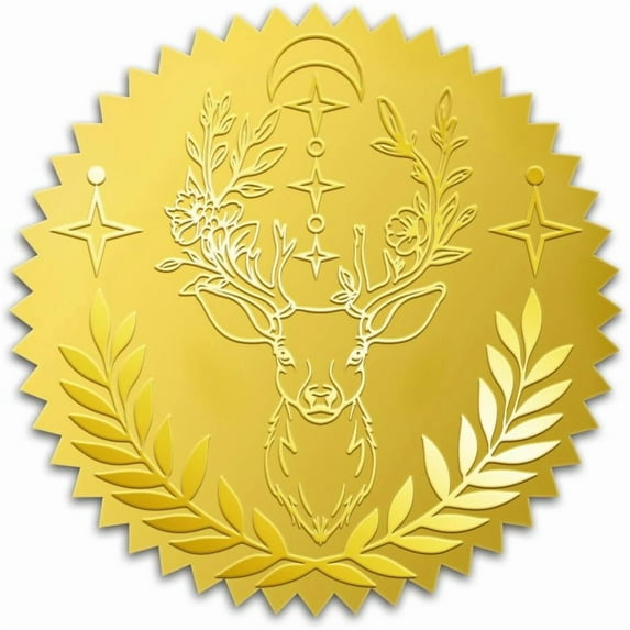 100Pcs 2" Deer Gold Foil Seal Stickers Deer Seals Embossed Foil Stickers Self Adhesive Round Gold Labels