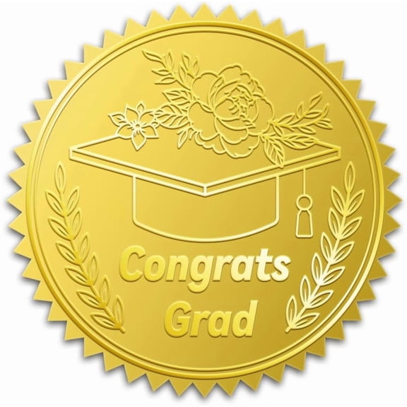 100Pcs 2" Embossed Flowers Graduation Cap Gold Foil Seal Sticker Gold Foil Certificate Diploma Seals Decal Self Adhesive Congratulations Seal Stickers Labels