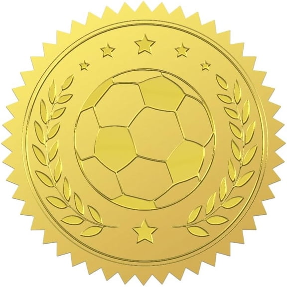 100Pcs 2'' Football Star Gold Foil Seals Embossed Sticker Soccer Sports Round Envelope Medal Sticker Self Adhesive Embossed Seal Label for Envelopes Card Diploma Award Graduation Celebration Gold