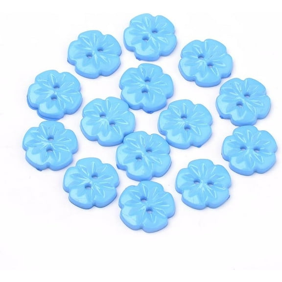 100Pcs 2 Holes Acrylic Buttons Flower Dodger Blue 0.59x0.1 Inches