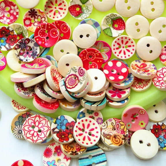 100Pcs 2 Holes Mixed Printing Round Pattern Wood Buttons Scrapbooking 15mm