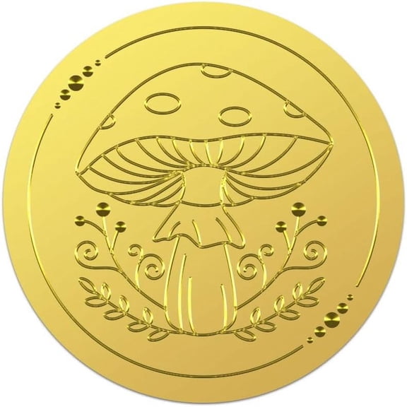 100Pcs 2'' Mushroom Gold Embossed Envelope Seals Stickers Mushroom Round Gold Seal Embossed Sticker Envelope Seals Labels for Wedding Invitations Gift Packaging Greeting Card