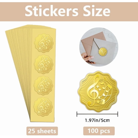 100Pcs 2" Music Note Gold Foil Seal Stickers Gold Musical Seals Embossed Foil Stickers Self Adhesive Music Round Labels for Invitation Cards Party Gift Sealing Envelopes