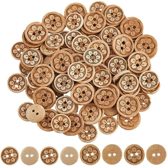 100Pcs 2 Styles Brown Flower Buttons Natural Wood Coconut Vintage Flat Round Floral Shell Flowers Pattern 2 Holes Wooden Small Button for Sewing Clothing Shirts DIY Crafts Projects