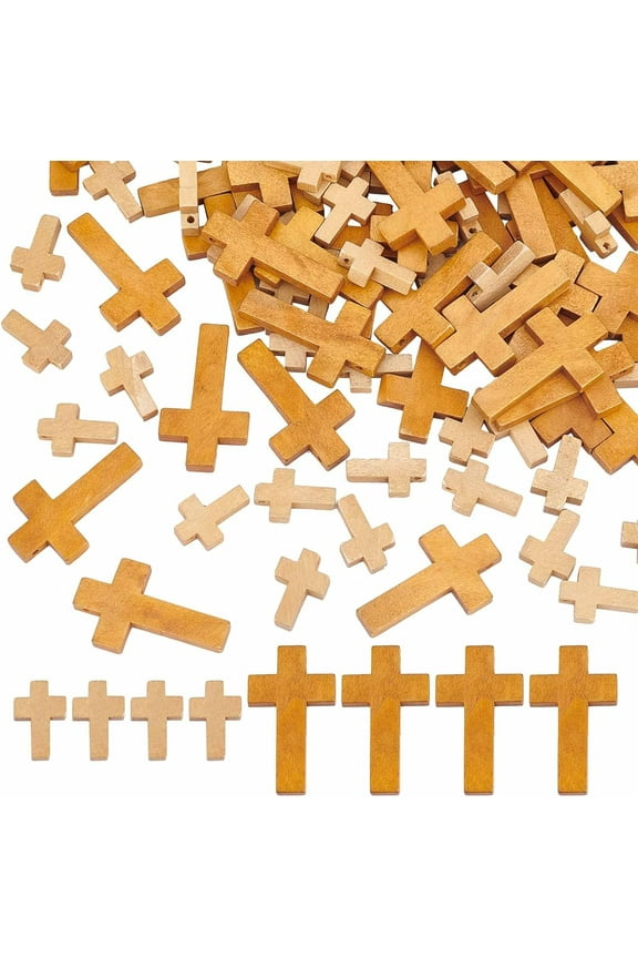 100Pcs 2 Styles Easter Wooden Crosses Bulk Wood Charm Natural Wood Crosses Beads Charms for Crafts Party Men Women DIY Bracelet Necklace Earrings Jewelry Making Accessories